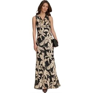 Donna Karan New York Champagne Black Floral Print Cowl Neck Gown Dress